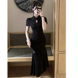 New Chinese Style Dark Flower Improved Cheongsam Women Summer Waist Thin Dress Buckle Design With The Hip Fishtail Skirt