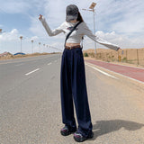 Korean Version Of Blue Denim Broad-Legged Trousers Women High-Waist Loose Thin Folds Design Straight Tug Trousers