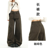 Fake Two Spliced Wide-Legged Jeans Women's Spring And Autumn New Design Lazy Slack High-Rise Straight Slacks