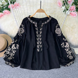 National Style Retro Heavy Industry Embroidery Tiling With Tuxedo Collar Loose Thin Age Bubble Sleeve Tops Women's Holiday Shirt