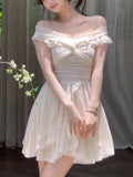 French Open Shoulder Irregular Dress Screen Yarn Elastic Lace Dress Long Version