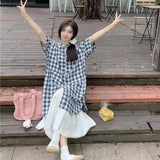 Fashion College Student Dress Literary Retro Plaid Loose Short-Sleeved Shirt + White Dress Two Sets Of Ocean