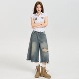 Street High-Waisted Hole Broad-Legged Jeans Women's Summer Loose Leisure Water Wash Straight Seven-Point Trousers