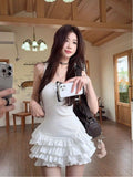 Sweet White Sling Dress Women's Summer To Close The Waist Lotus Leaf Cake Dress Ballet Style A Short Skirt