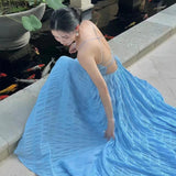 New Blue Ocean Hanging Neck Sling Bare Back Dress Women Summer Small Seaside Beach Skirt