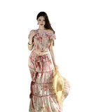 2025 Large-Size French Pure Lust Lotus Leaf Side By The Word Shoulder Dress Woman Summer Fat Vacation Half Skirt Broken Flower Set