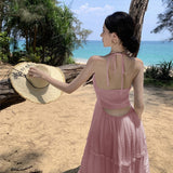 Pure Lusty Style Sexy Bare Back Hanging Neck Sling Skirt Girl Summer New French Temperament Super Fairy Seaside Holiday Dress