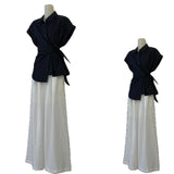Fall 2025 New French Style Black Belt Waist Design Shoulder Version Of Short-Sleeved Professional Shirt Set