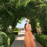 2026 Monet Garden Super Fairy Orange Flower Print Fairy Pure Desire Suspension Long Thin Dress Dress