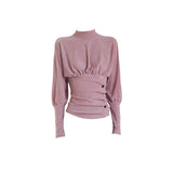 Small High-End Feeling New Chinese High-Neck T-Shirt Autumn And Winter New Slimming Waist Folding Button Bottom Shirt Woman