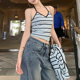 Jennie's Same Little Fragrant Blue Stripes Loose V-Neck Knitted Shirt Sling + Short Skirt