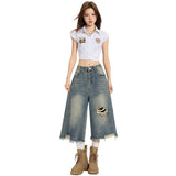 Street High-Waisted Hole Broad-Legged Jeans Women's Summer Loose Leisure Water Wash Straight Seven-Point Trousers