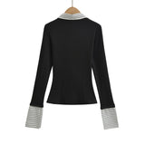 Korean Hottie Fake Two Long-Sleeved Shirt T-Shirt Spliced Fashion Pick-Up Waist Stripes Outside To Put On The Woman