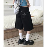 PP Pocket Leopard Cross Hot Diamond Denim Shorts High Waist Thin Set Casual Five-Point Wide Leg Pants Trousers Women