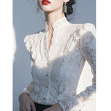 Spring 2025 New French Temperament Blouse Light Luxury High Sense Unique Beautiful Super-Looking White Lace Shirt