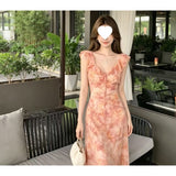 2026 New High-Waisted Small Skirt Tea Break French Pink Lotus Flakes V-Neck Sleeveless Dress Woman