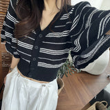 Korean Chic French Temperament Summer New Bubble Sleeve Single Buckle Thin Shoulder V-Neck Knitted Short-Sleeved Woman