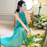 French Retro High-End Ink Painting Hanging Neck Dress Summer Loose Thin Sleeveless Fairy Vacation Long Skirt