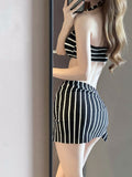 Vintage Striped Neck Swimsuit Female Three-Piece Bikini Burqa Skirt Hottie Holiday Photo Swimsuit