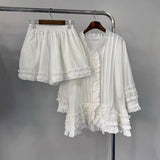 Korean Chic Design Is Sweet Heavy Industry Wood Ear Splicing Age-Rearing Shirt + High-Waist Shorts Two-Set 2 Color