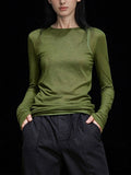 2026 Senior Sense Long-Sleeved Round-Neck T-Shirt Women's New Green Simple Leisure Inside The Thin Mask T Top