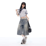 Cowboy Trousers Women Summer New Retro Old Star Print Loose Super Fire Seven-Point Pants Blue Spring