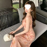 2026 New High-Waisted Small Skirt Tea Break French Pink Lotus Flakes V-Neck Sleeveless Dress Woman