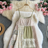 Yunnan Tourism Seaside Resort Style Retro Broken Flowers Spliced Slinged Dress Women Summer Small Loose Long Dress