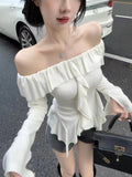 One-Word Shoulder Lotus Leaf Side Long-Sleeved T-Shirt Girl Autumn And Winter Pure Sweet Hot Girl Bare Shoulder Dress Irregular Bottom Shirt