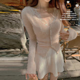 You/Ambience Fabric Fake Two Lace Splicing Knit Top Soft-Haired Sheep Wool V-Neck Knitted Shirt Girl