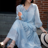 Cloud Dream New Chinese Set | Lyselle V-Neck Embroidered Wind R-Shirt + Half-Dress