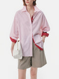 [Spring Day Sweet Tea] Striped Long Sleeve Pink Shirt Woman 26 Spring And Summer Design Senses Slack Tie