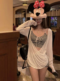 Korean Ins Striped Long-Sleeved Split Swimsuit Three-Piece White Burqa Island Hot Spring Holiday Swimsuit Female Design