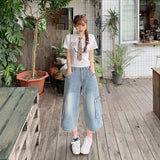 YC&2 Color Retro High-Rise Seven-Point Trousers High Street Trousers Wide Leg Pants Summer Straight Jeans Woman