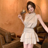 Summer Gold Sense Court Style High-End Pure Desire Blouse Leaf Half Dress Two-Piece Dress Dress Woman