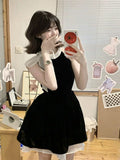 Black Sleeveless Hanging Neck Dress Women Summer French Temperament High-End Feeling Small Bow Bows Waist Short Skirt