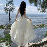 2025 French Heavy Industry Dress Swizzling Pure-Color Butterfly Sling Dress Two-Color Female Sanya Holiday Dress