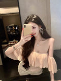 Summer Korean Pure-Want Style Short Repair Slim Thin Chest Bare Shoulder Coat Pink Lotus Leaf Side Shoulder T-Shirt Girl