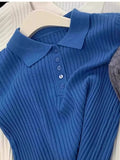 This Year's Popular Polo Collar Blue Knitted Short-Sleeved T-Shirt Woman 2025 New Slimming Blouse