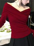 French Sweet Hottie Red Shoulder V Collar Bottom Shirt Women With Long-Sleeved T-Shirt Beautiful Blouse Autumn And Winter