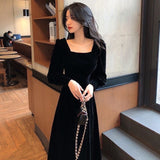 Fang Collar Velvet Long-Sleeved Dress In The Fall Of 2025 New French Retro Slimming Temperament Sexy Mid-Long Dress
