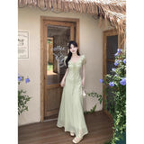 Summer Gentle Lotus Leaf Side V-Neck Bubble Sleeve Dress Large-Size Fat Mm Temperament With Lumbar Texture Long Dress
