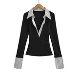 Korean Hottie Fake Two Long-Sleeved Shirt T-Shirt Spliced Fashion Pick-Up Waist Stripes Outside To Put On The Woman