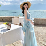 2025 Fairy Gas Handmade Three-Dimensional Flower Dress Two-Piece Wooden Ear Curling Resort Sling Suit