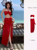 Red Three-Dimensional Flower Bikini Three-Piece Swimsuit Woman Hanging Neck Cue Dress Seaside Swimsuit
