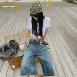 Vintage Water Wash Side Design Wide Legs Denim Seven-Crelei Trousers Casual Niche Design Straight Pants