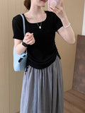 Simple Style Collar On Both Sides Of The Drawstring Short Sleeve 2025 Summer New Korean Version Of The Casual Temperament Pure Color T-Shirt Top