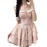 French First Love Sweet Little Flying Sleeves Broken Floral Dress Women Summer Waists Show Skinny Little Princess Puff Short Skirt