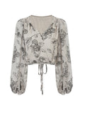 Soft Misty-Slender Lantern Sleeve Top French Temperament Ink Print V Collar Long Sleeve Short New Chinese Top
