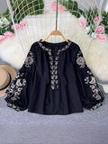 National Style Retro Heavy Industry Embroidery Tiling With Tuxedo Collar Loose Thin Age Bubble Sleeve Tops Women's Holiday Shirt